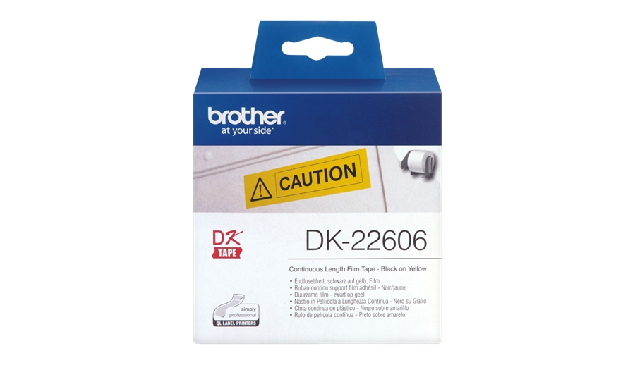 Brother DK22606 - Etiquetas Originales de Tamaño personalizado - Ancho 62mm x 15,24 metros - Texto negro sobre fondo amarillo