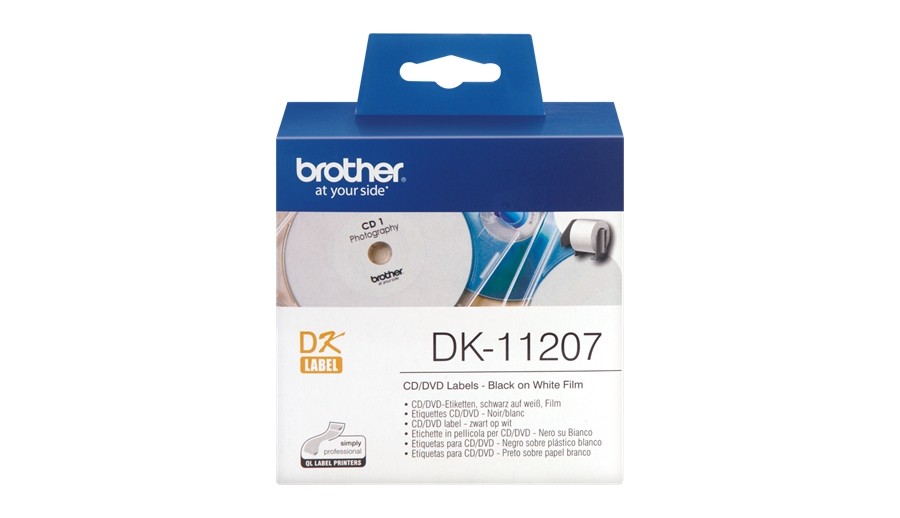 Brother DK11207 - Etiquetas Originales Precortadas Circulares para CD/DVD - 58 mm de Diametro - 100 Unidades - Texto negro sobre fondo blanco