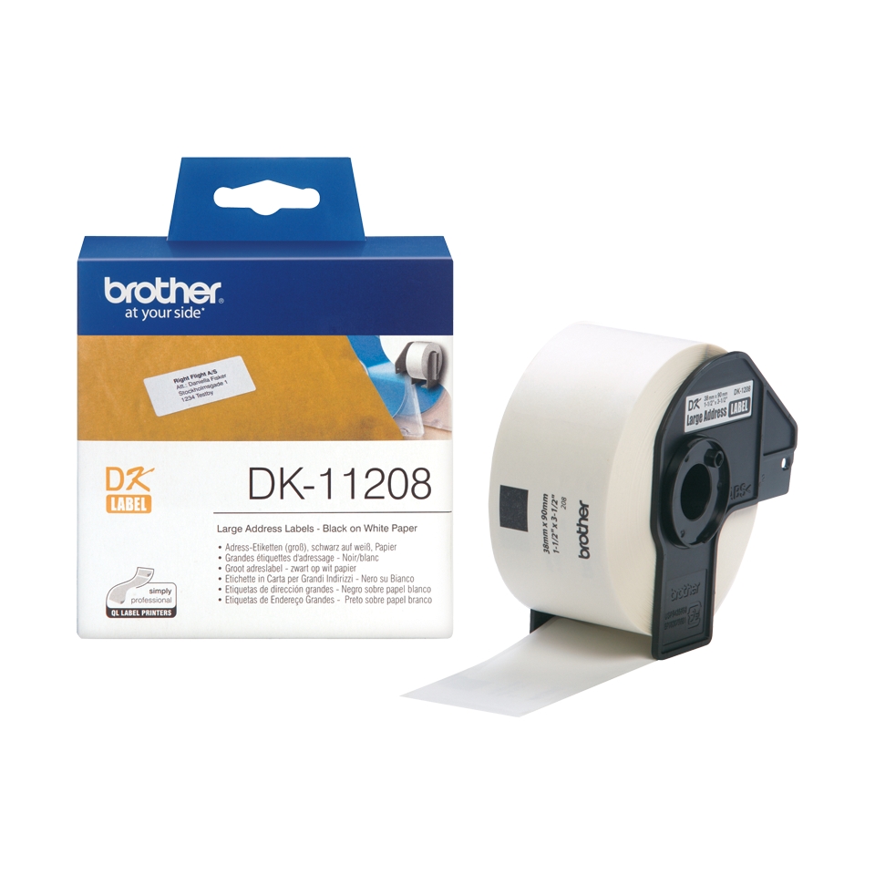 Brother DK11208 - Etiquetas Originales Precortadas de Direccion Grandes - 38x90 mm - 400 Unidades - Texto negro sobre fondo blanco
