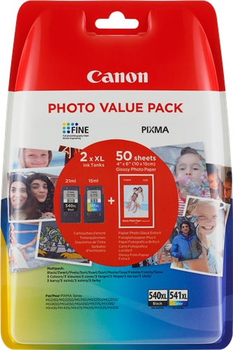 Canon PG540XL Negro + CL541XL Color Pack de 2 Cartuchos de Tinta Originales - 50 Hojas de Papel Fotografico - 5222B014
